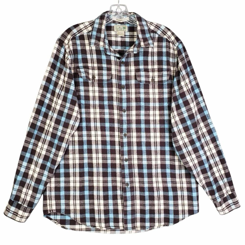 LL Bean Shirt Mens Black Blue Plaid Flannel LS Button Up Size Medium M
